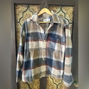 Hollister Plaid Flannel Shacket in Blue, Brown & Cream